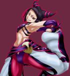 armpits arms_up barefoot black_hair boro capcom drill_hair fingerless_gloves gloves halter_top halterneck juri_han one_eye_closed purple_eyes solo street_fighter stretch toeless_socks twin_drills violet_eyes wink