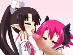  2girls asuka_cranekick blush brown_hair censored closed_eyes disembodied_penis disgaea fellatio hair horns huge_penis licking magenta_hair multiple_fellatio multiple_girls oral penis pink_background pink_hair pointy_ears raspberyl red_eyes tongue ubox 