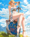 1girl 1girl alluring bare_shoulders barefoot big_breasts blonde_hair blue_eyes blue_sky braid cloud commentary crown_braid dress english_commentary hair_ornament hairclip itzah jewelry master_sword necklace nintendo panties pantyshot parted_lips patreon_username pixel_art planted planted_sword planted_weapon pointy_ears princess_zelda short_hair sitting sky smile sun sword the_legend_of_zelda the_legend_of_zelda:_tears_of_the_kingdom underwear weapon white_dress white_panties