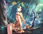 1girl animal_ears animal_hands arched_back ass blue_eyes blush breasts cat_ears catgirl cham_cham collar fang female_focus game gloves green_hair highres jungle kawata_hisashi long_hair nature nekomimi nipple_slip nipples no_bra outdoors panties paw_gloves petite samurai_shodown samurai_spirits side-tie_panties small_breasts snk solo tail tree underwear wallpaper white_panties