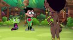 beast_boy black_hair bumblebee bumblebee_(teen_titans_go) dark-skinned_female green_skin nude outdoor_nudity outside robin teen_titans teen_titans_go