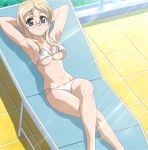 1girl bikini black_eyes blonde_hair breasts cap chair cleavage glasses kamishiro_yukari kamishiro_yukari_(nogizaka) kamishiro_yukari_(nogizaka_haruka) long_hair lounge_chair lying nogizaka_haruka_no_himitsu screencap solo stitched swimsuit underboob