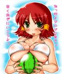  1girl bikini breasts food fruit fujiyama_takashi green_eyes holding holding_fruit huge_breasts large_breasts quiz_magic_academy red_hair redhead ruquia short_hair solo swimsuit underboob watermelon 