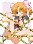 1girl apricot_sakuraba boots bottomless broccoli_(company) caution_tape censored galaxy_angel galaxy_angel_ii galaxy_angel_rune keep_out leo_circle no_bra one_eye_closed open_clothes open_shirt orange_hair purple_eyes pussy sakuraba_apricot shirt shishimaru_ken'ya shishimaru_kenya short_twintails solo spread_pussy twintails uniform wink