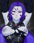  1girl arms_above_head breasts cum cum_on_breasts cum_on_face dc_comics dcau female_only galactic-overlord looking_at_viewer raven_(dc) teen_titans torn_clothes 