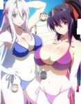 2_girls bikini black_hair breasts cute green_eyes high_school_dxd himejima_akeno large_breasts long_hair looking_at_viewer multiple_girls purple_eyes rossweisse smile white_hair