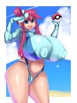 1girl areola ass beach belly blue_background blue_eyes breasts clothed clouds day eyelashes female_only gloves holding huge_ass huge_breasts human hyper hyper_breasts long_hair looking_at_viewer midriff nananana nintendo nipples ocean open_mouth outside poke_ball pokeball pokemon pokemon_bw purple_hair sand skin_tight sky skyla_(pokemon) slightly_chubby standing teeth thick_thighs tongue white_border wide_hips