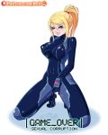  big_breasts bodysuit breasts corruption female game_over masturbation metroid nipples pussy_juice reit samus_aran smile solo zero_suit 