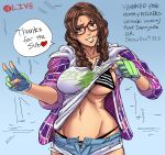 1girl alluring bb_(baalbuddy) big_breasts bikini braid colorized ddl edit english_text female_abs glasses grin julia_chang lifting_shirt namco shirt_lift streamer streaming striped_bikini swimsuit_under_clothes tekken tekken_7 text twin_braids unbuttoned_shorts v voluptuous