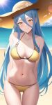  1girl alluring aqua_hair azura azura_(fire_emblem) badtimer beach bikini breasts cleavage fire_emblem fire_emblem_fates legs nintendo ocean yellow_eyes 