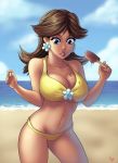 1girl alluring beach breasts female ice_cream nintendo parsujera_(artist) princess_daisy super_mario_bros. swimsuit