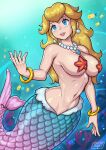 1girl blonde_hair bracelets breasts earrings female fish_tail long_hair mario_(series) mermaid mermaid_peach midriff monster_girl navel necklace_between_breasts nintendo princess_peach princess_peach:_showtime! redjet scales solo starfish_pasties super_mario_bros. underwater