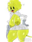  1girl absurd_res anthro areola black_sclera bottomless breasts breasts_out breasts_out_of_clothes curly_hair curvaceous curvy_female dagothurfanclub_(artist) drretro_(regretevator) fangs feline feline_humanoid furry gloves hand_on_hip hand_on_own_thigh lab_coat large_areolae nipples oiled oiled_body oiled_skin open_clothes open_mouth pussy pussy_peek regretevator standing tagme tail thick_thighs thighs thunder_thighs tongue tongue_out voluptuous voluptuous_female white_background wide_hips yellow_body yellow_fur 