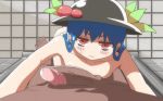 1boy 1girl black_hat blue_hair breasts censored dark-skinned_male dark_skin food fruit full_stroke gif hat hetero hinanawi_tenshi interracial kani_onigiri_(shottare) long_hair looking_at_viewer lying naizuri nipples nude on_stomach paizuri peach penis pov pov_crotch pov_eye_contact red_eyes small_breasts smile solo_focus sweatdrop touhou