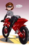 aeolus ass big_ass big_breasts bodysuit breasts disney domino_mask female helen_parr leotard looking_at_viewer looking_back milf motorcycle pixar solo speech_bubble tease text the_incredibles the_incredibles_2 vehicle