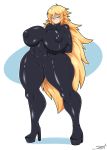 1girl 2018 absurd_res artist_signature big_breasts blonde_hair bodysuit breasts cameltoe clothed clothes clothing erect_nipples female female_only full_body half-closed_eyes high_heels latex long_hair looking_at_viewer mehdrawings navel nipples oc pussy simple_background smile solo thick_thighs thighs