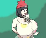 big_breasts black_eyes black_hair bosomancer light-skinned_female moon_(pokemon) moon_(trainer) paizuri paizuri_under_clothes pokemon pokemon_(game) pokemon_sm solgaleo tight_clothing