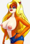 1girl anthro areola bandicoot big_breasts blonde_hair breasts crash_bandicoot_(series) eyelashes eyeshadow furry green_eyes hand_on_hip hips huge_breasts large_hair lipstick long_hair looking_at_viewer nipples pink_nails short_shorts smile standing stomach tawna_bandicoot thick_thighs topless yolkiin