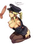 1girl blonde_hair breasts cosplay hands_behind_back hard_nipples kneel nazi polyle ponytail stockings