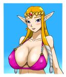  1girl alluring alternate_hair_color bikini blonde_hair blush cleavage earrings edit embarassed erect_nipples female_only huge_breasts jewelry long_hair looking_at_viewer midriff nintendo palette_swap photoshop pointy_ears princess_zelda speeds super_smash_bros_melee swimsuit the_legend_of_zelda tiara upper_body 