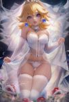  1girl big_eyes blonde_hair blue_eyes corset crown lingerie looking_at_viewer panties princess_peach sakimichan small_mouth standing stockings super_mario_bros. tiara 