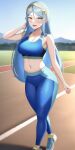  1girl alluring aqua_hair azura azura_(fire_emblem) badtimer fire_emblem fire_emblem_fates gym_pants nintendo outside sports_bra track_and_field yellow_eyes 