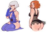  ass atlus elizabeth_(persona) embarrassed flying_sweatdrops gloves haru_okumura lingerie looking_at_viewer looking_back persona persona_3 persona_5 scruffyturtles stockings sweatdrop tarot_card 