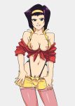 1girl 1girl breasts cowboy_bebop faye_valentine green_eyes hairband looking_at_viewer navel nipples open_clothes pink_legwear pubic_hair purple_hair short_shorts shorts shorts_pull smile stockings suoiresnu suspenders