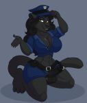 1girl anthro anuvia black_hair breasts cleavage clothed clothing dickgirl erection feline furry genital_piercing green_eyes hair hat humanoid_penis intersex large_breasts long_hair mammal panther penis penis_piercing piercing police_hat police_uniform prince_albert_piercing smile testicles uncut uniform