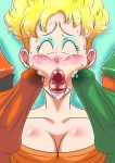 1girl 2boys age_difference blonde_hair blush cleavage cum dolphin_sneeze dragon_ball dragon_ball_z erection facial lipstick makeup milf panchy_briefs penis son_goten testicles trunks_briefs