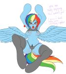 1girl anthro anthrofied blue_feathers blush breasts clothing elzzombie equine feathered_wings feathers friendship_is_magic furry hair high_res mammal multicolored_hair my_little_pony pegasus pussy rainbow_dash tight_clothing tongue tongue_out wings