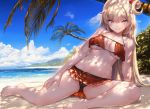  1girl akai_haato akasaai bare_shoulders barefoot beach big_breasts bikini bikini_skirt blonde blue_eyes blue_sky breast_curtains breasts breasts_apart cameltoe cloud day feet hair_bun halter_top halterneck high_resolution hololive long_hair looking_at_viewer navel ocean outside palm_tree red_bikini skirt skirt_lift sky smile stomach strap_gap swimsuit thighs tied_hair tree tree_shade under_boob very_long_hair virtual_youtuber water 