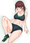  1girl abe_tsukumo alluring athletic_female blush brown_hair female_abs female_focus fit_female fitness hayami_sena high_res light_smile mashin_sentai_kiramager ponytail sena_hayami short_hair simple_background super_sentai sweat tennis_shoes thighs track_and_field voluptuous 