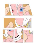 android_21 blue_eyes blush comic dragon_ball_fighterz gold_earrings majin_android_21 paizuri pov prissylover21_(artist) white_hair