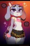 1girl 1girl 2018 anthro buckteeth choker clothed clothing comic dialogue disney doxy ears_down english_text fingerless_gloves flat_chested fur furry gloves grey_fur half-closed_eyes judy_hopps lagomorph lipstick makeup mammal midriff miniskirt open_mouth purple_eyes purse rabbit skimpy skirt sweat teeth text thick_thighs wide_hips zootopia