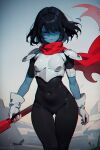 1girl ai_generated armor blue_body blue_skin deltarune female female_human female_only gloves human_only kris_(dark_world_form)_(deltarune) kris_(deltarune) kris_(female)_(deltarune) scarf solo solo_female solo_human thigh_gap undertale_(series) video_game_character video_games weapon