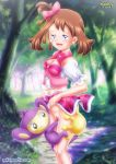  1girl aipom bbmbbf clothed earrings female_human forest hairless_pussy interspecies may_(pokemon) mostly_clothed nintendo no_panties outdoor outside palcomix pokemon pokephilia pokepornlive pussy skirt skirt_lift standing 