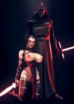  1girl big_breasts black_lipstick breasts breasts_out_of_clothes cosplay huge_breasts john_doe kneel kylo_ren lightsaber looking_at_viewer nipple_piercing nipples phallic_object pussy rey_(star_wars) sith_rey star_wars sword swords wrappings 