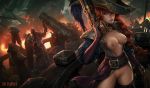  1girl belt big_breasts cannon clothes clothing cosplay fire gun hat holding_weapon liquidshadow long_hair looking_at_viewer nipples pirate pirate_hat pirate_ship ponytail red_hair serious shaved_pussy ship standing 