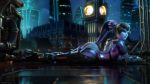 1girl ass big_ass blue_skin clothed clothes clothing ellowas high_heels latex latex_suit laying long_hair looking_at_viewer overwatch widowmaker