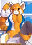  1girl 1girl aggressive_retsuko anthro big_breasts black_eyes braless breasts cleavage clothed clothing eyelashes fur furry legwear mammal one_eye_closed orange_fur pen pink_background red_panda retsuko rizkitsuneki sanrio simple_background smile stockings wink 