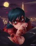  1boy 1girl adrien_agreste after_oral blue_eyes chat_noir city clothed cum cum_on_face cum_on_hair erection female male male/female marinette_cheng mask miraculous_ladybug night night_sky outdoor outside penis shellbyart 