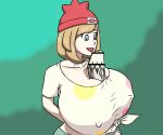 big_breasts blonde_hair blue_eyes bosomancer light-skinned_female moon_(pokemon) moon_(trainer) paizuri paizuri_under_clothes pokemon pokemon_(game) pokemon_sm solgaleo tight_clothing