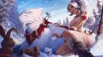 1girl big_breasts bird blonde blonde_hair closed_eyes liquidshadow nipples outside public_nudity rabbit saber-toothed_cat snowball spear white_fur winter