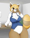 1girl 1girl absurd_res aggressive_retsuko anthro big_breasts blush bottomless breasts cleavage clothed clothing furry high_res looking_at_viewer mammal office one_eye_closed paper pussy quin-nsfw red_panda retsuko sanrio thick_thighs wide_hips