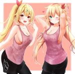  2_girls :d ;) akai_haato armpits arms_up asymmetrical_hair big_breasts black_legwear blonde blue_eyes breasts cleavage ex_idol hair_ornament hairclip heart heart_hair_ornament heterochromia high_resolution hololive hoshikawa_sara long_hair multiple_girls nijisanji no_bra one_eye_closed open_mouth pantyhose ponytail red_eyes shirt shorts side_ponytail sleeveless sleeveless_shirt smile tied_hair virtual_youtuber wink x_hair_ornament yellow_eyes 