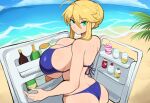 1girl ai_generated artoria_pendragon artoria_pendragon_(lancer) beach bikini blonde_hair blue_bikini curvaceous dat_ass fate_(series) female female_only fridge huge_ass huge_breasts massive_breasts mullon novelai ocean solo_female summer voluptuous voluptuous_female