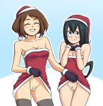 assisted_exposure asui_tsuyu big_breasts breasts brown_hair christmas cleavage female frog_girl green_hair monster_girl my_hero_academia no_panties ochako_uraraka pussy santa_hat santa_outfit smile suoiresnuart tsuyu_asui uraraka_ochako yuri