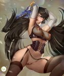 bayonetta bayonetta_(character) bayonetta_2 corset didi_esmeralda elbow_gloves gun looking_at_viewer pussy stockings