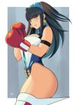 1girl 1girl 1girl alluring alternate_costume bandana bangs bare_thighs big_breasts black_hair blue_eyes boxing_gloves cleavage cosplay crossover earrings female_only fire_emblem fire_emblem_awakening gloves ihsnet leotard long_hair milf nintendo rival_schools smile tharja tharja_(fire_emblem) thighs tiffany_lords_(cosplay)